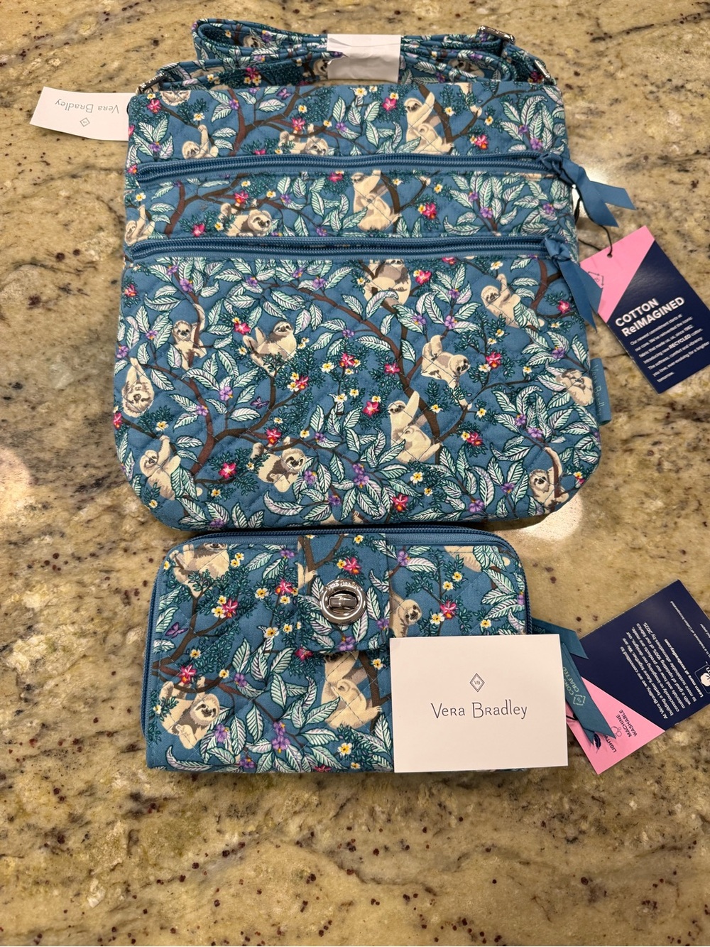 Vera Bradley Teal Sloth Floral Crossbody Bag with Matching Wallet